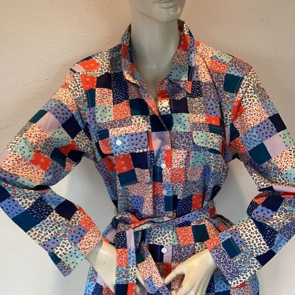 Land’s End Plus Size Dress patchwork long sleeve button down belted pockets LP - Picture 6 of 14